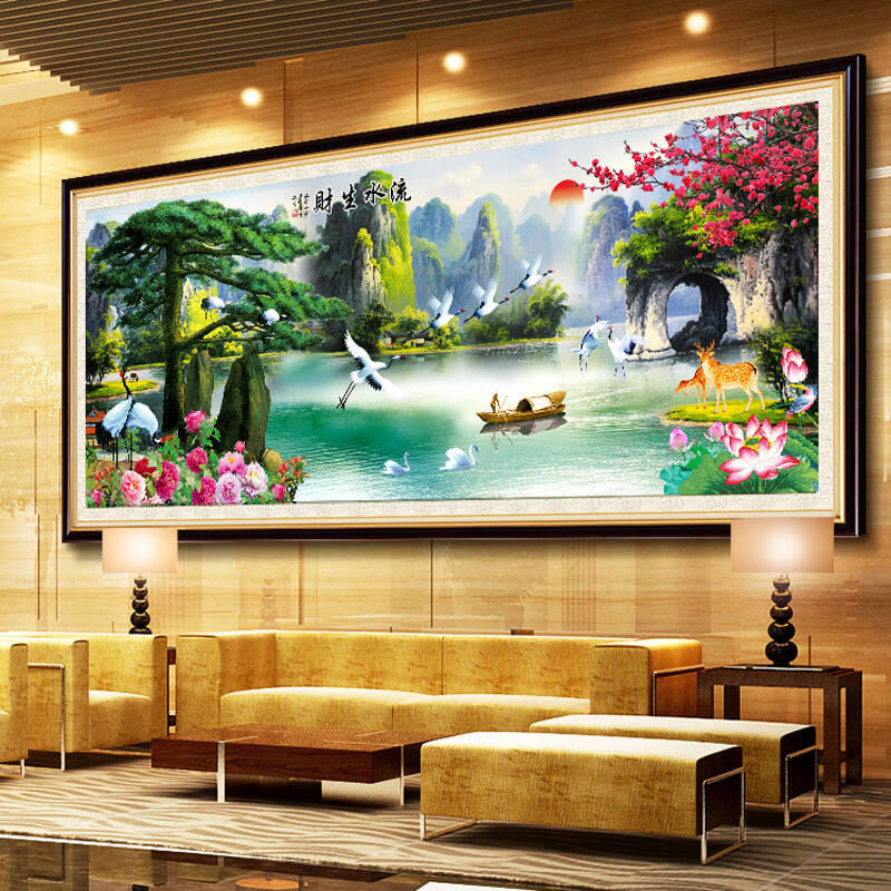 皇室珍品ks十字新款客厅风景山水画迎客松流水生财风景大画十字绣套件