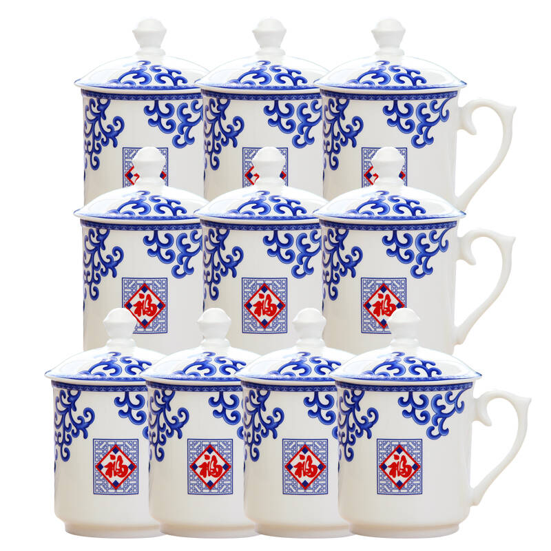 怀泉 陶瓷杯带盖水杯子(10个380毫升装价格更实惠超骨瓷工艺好看耐用