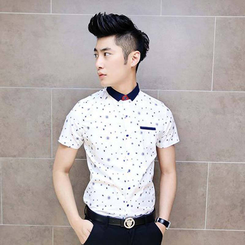 罗得堡ldb 韩版修身衬衫男士休闲衬衣蜘蛛纹印花寸衫短袖寸衣男衬衫男