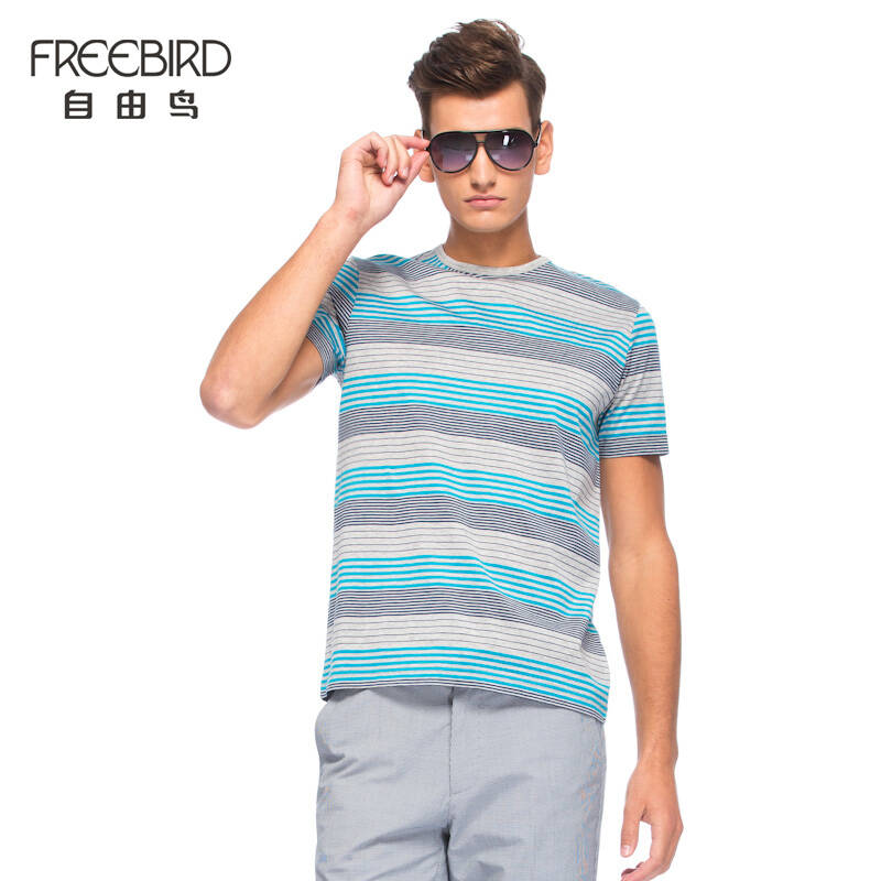 自由鸟2014春夏新款男装短t时尚蓝色条纹圆领印花t恤3111355 b02碧