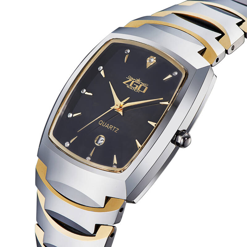 正港(zgo)手表钨钢男表防水镶水钻日历表商务石英男士手表 情侣男表