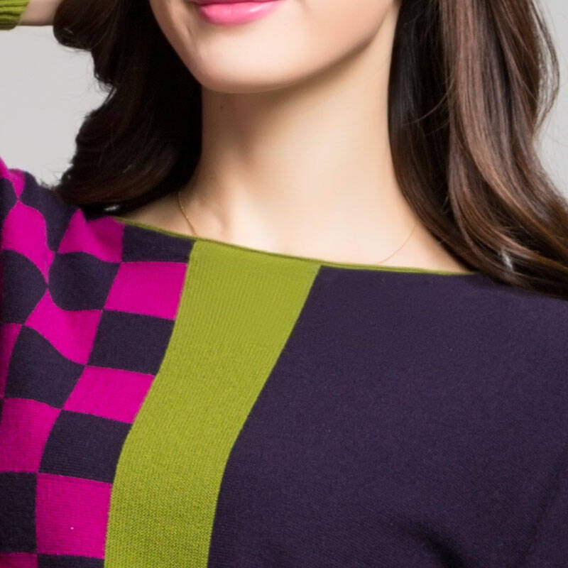 恒源祥纯羊毛女士羊毛衫印花圆领拼色毛衣针织衫中老年妈妈装 土绿 m