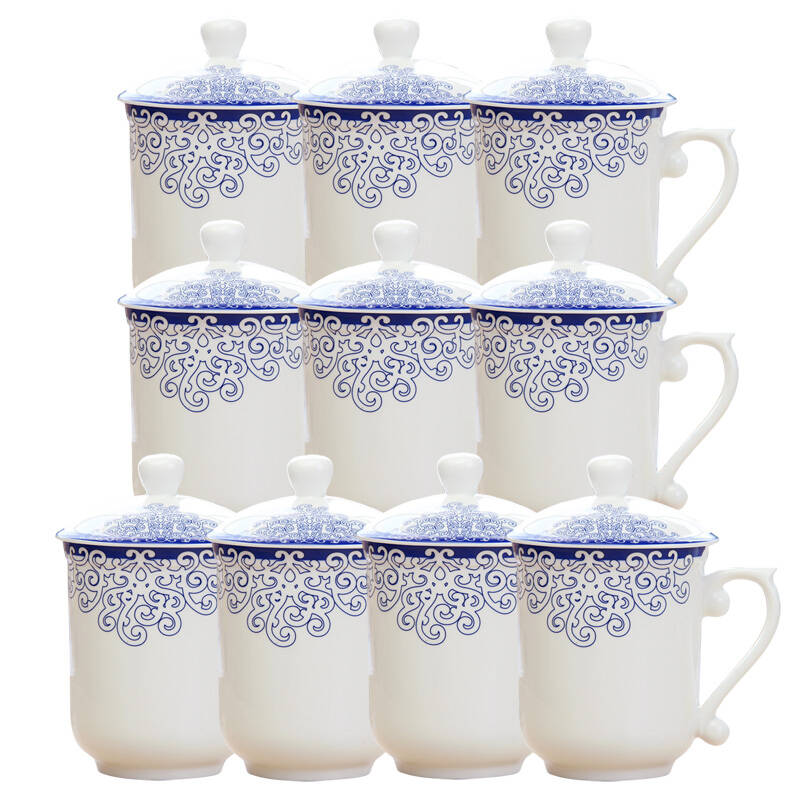 怀泉 陶瓷杯带盖水杯子(10个380毫升装价格更实惠超骨瓷工艺好看耐用