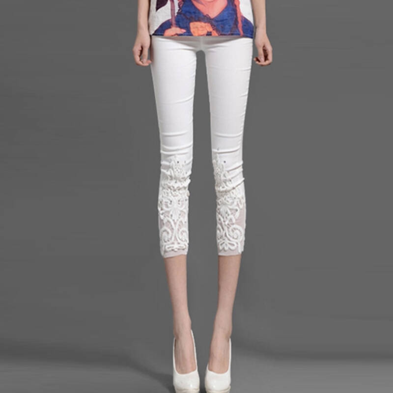 云裳饰衣2014夏装新款韩版蕾丝钩花镶钻薄七八分小脚裤730 白色 xxl