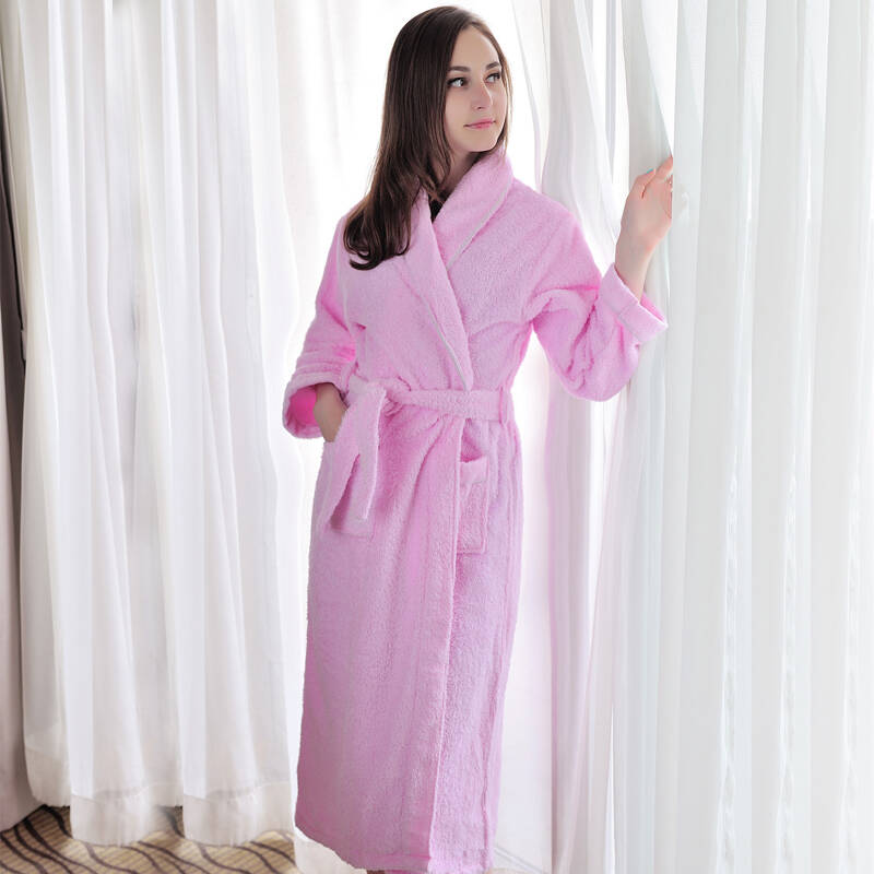 海利源 纯棉睡袍 毛巾料 纯棉浴袍 加厚浴衣 男女情侣冬季 粉色 m(衣