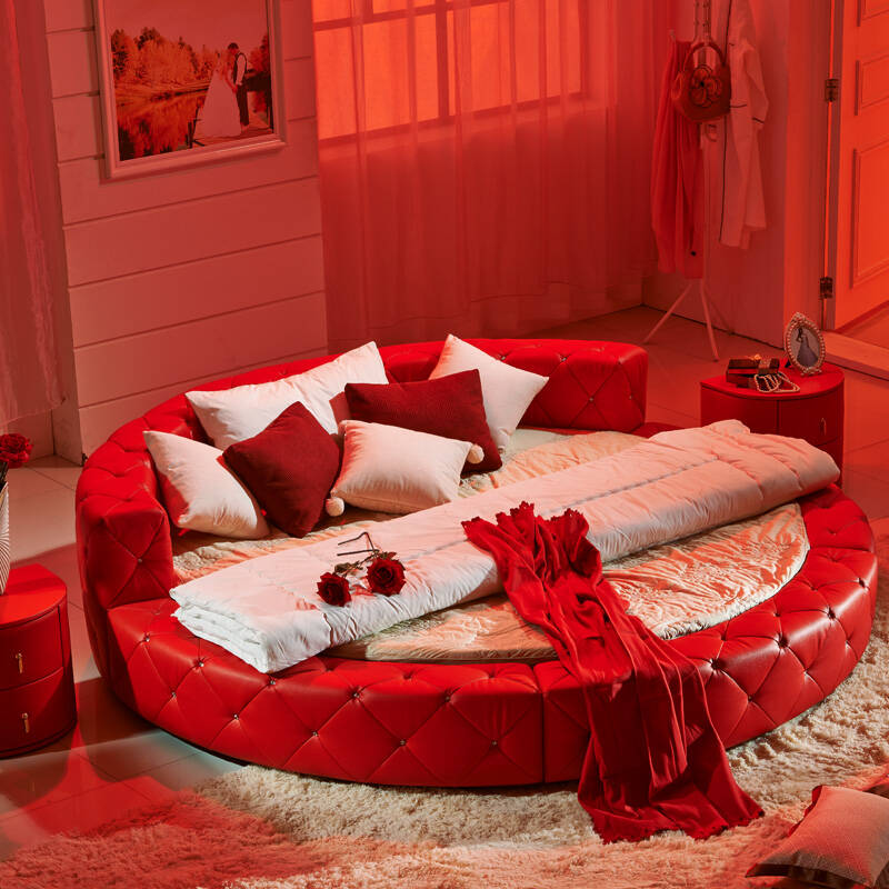爱的诱惑 床 圆床 皮床 双人床 婚床 红色 200*200圆