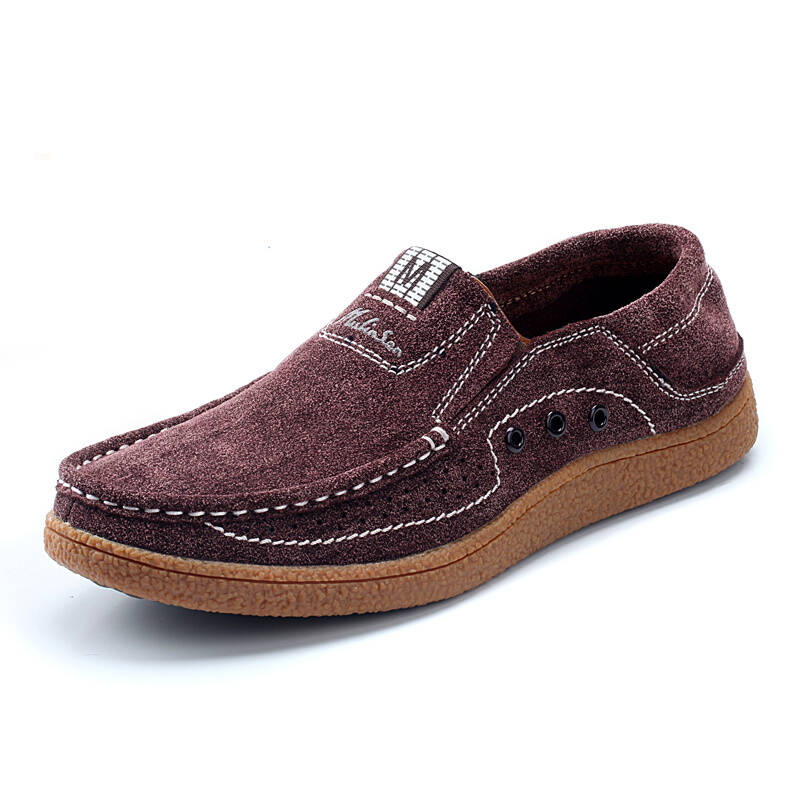 木林森 新款户外男鞋英伦磨砂皮 透气潮流套脚懒人鞋240017 红棕 43