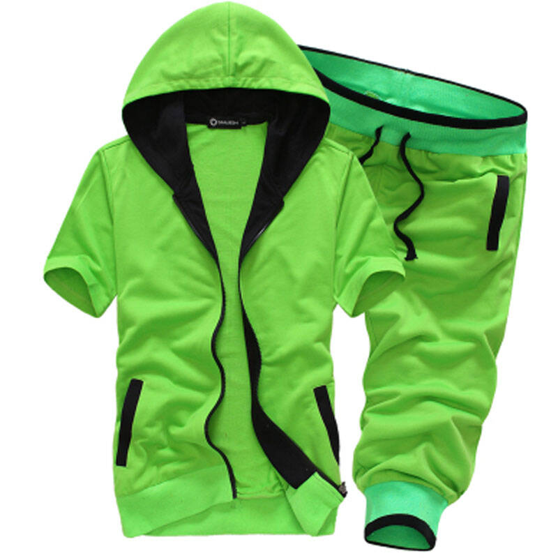 新款男士时尚百搭连帽休闲运动服 男式短袖7分裤套装 317-b381 绿色