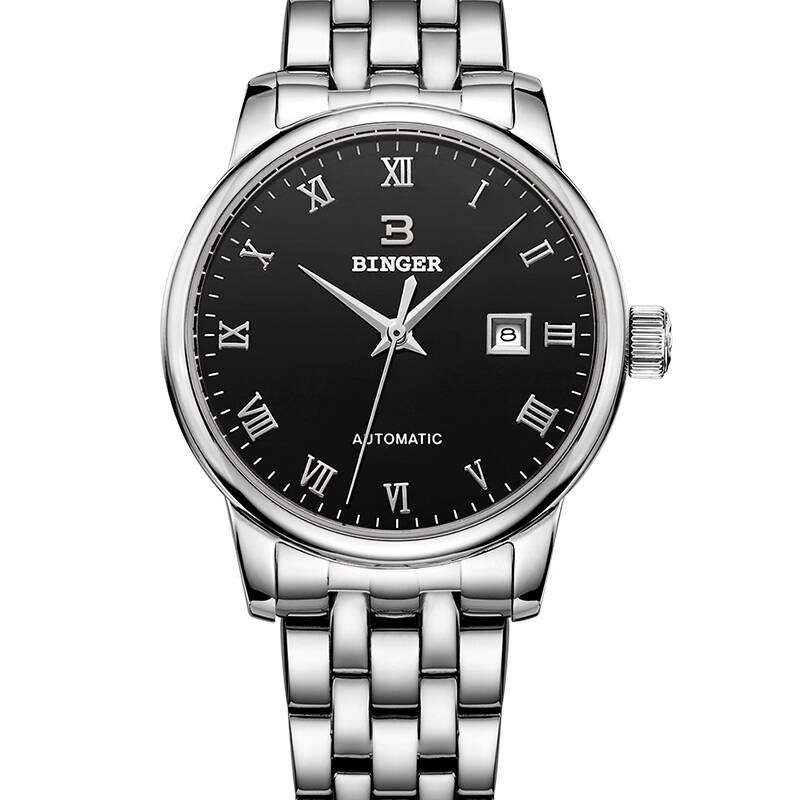 宾格binger手表全自动机械表情侣对表女士手表聚宝盆精钢皮带日历指针