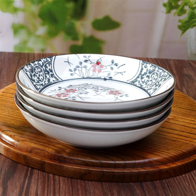 山田烧陶瓷盘子 陶瓷汤盘(7英寸)釉下彩饭盘日式深圆盘(4只装) 五瓣花