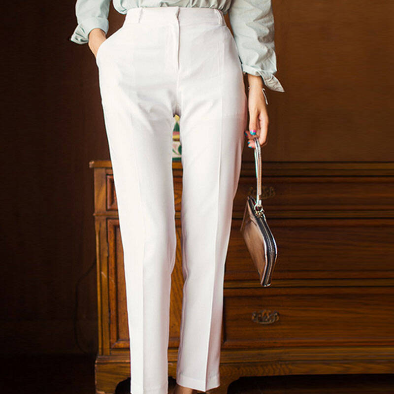 韩国韩版显瘦休闲裤九分长裤西裤女职业小脚铅笔裤高腰西装裤 白色 xl