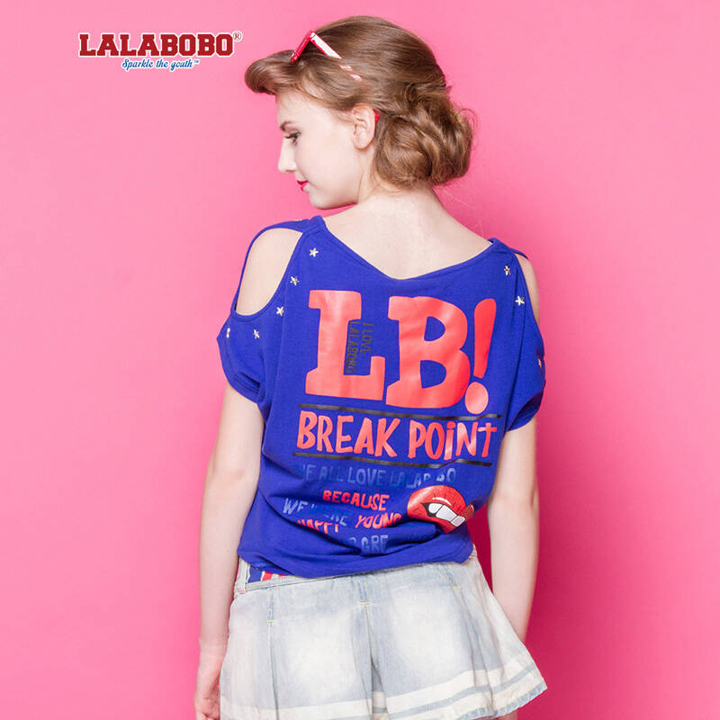 lalabobo夏季新款女装字母亮片系带t恤女短袖 hot-girl露肩t 机车蓝 l