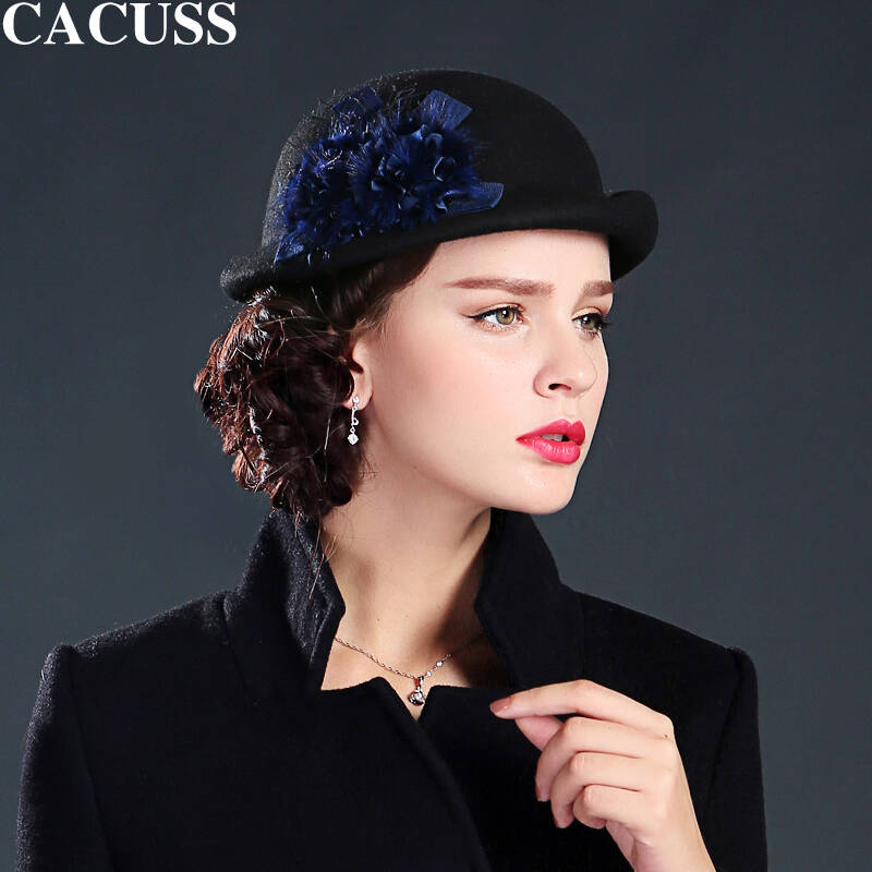 cacuss礼帽子 女士花朵百搭时尚帽 韩版潮贝雷帽 羊毛呢子帽 高档保暖