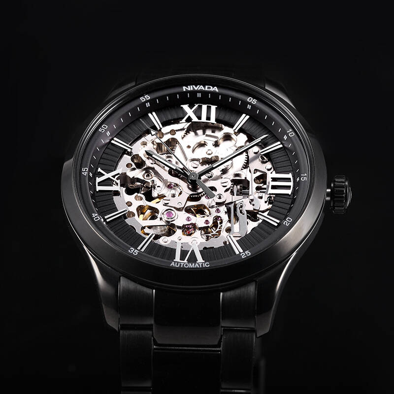 闪购自营 尼维达(nivada)时尚镂空黑钢自动机械男表gm6102-121229