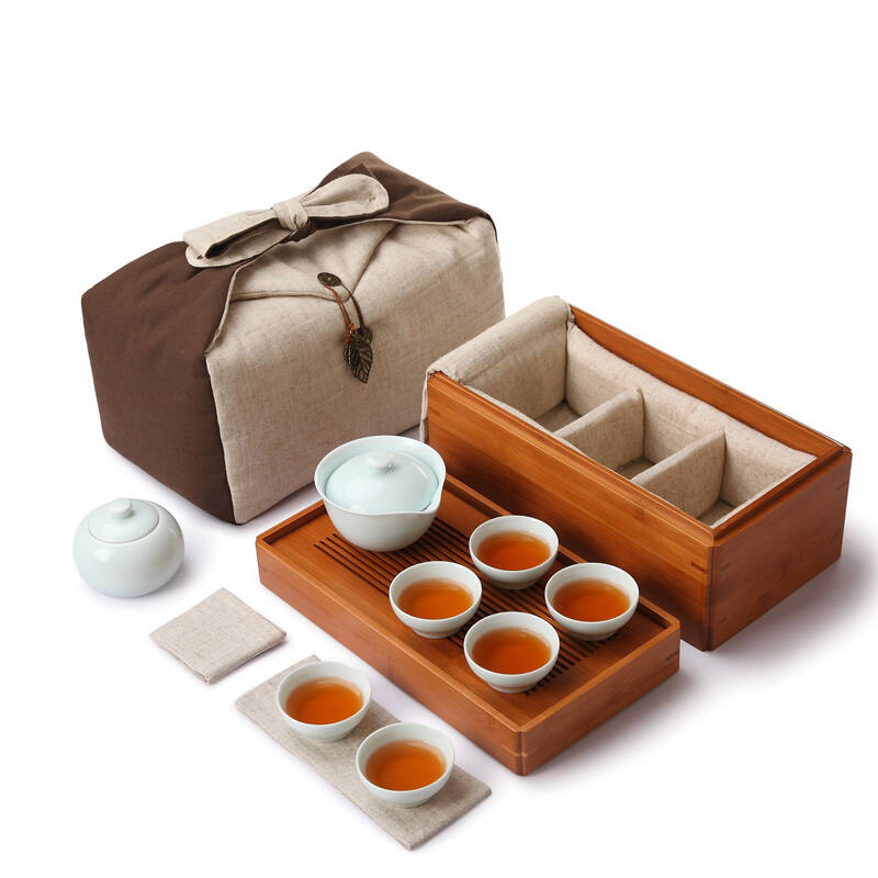 饮致 竹制便携式旅行茶具套组 收纳盒车载旅行茶盘附赠布包 含茶具