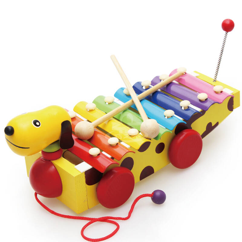 巧之木儿童早教音乐教具八8音阶小黄狗手木质拖拉敲琴玩具拖车 小狗敲
