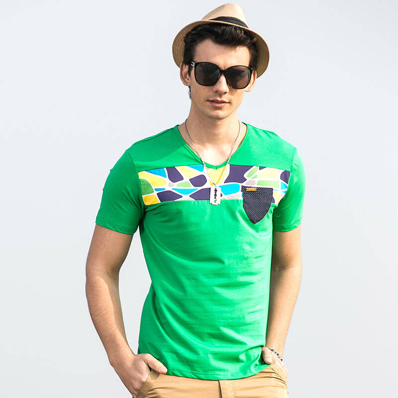 短袖t恤 2014夏装新品 男士修身 韩版拼接纯棉 潮男 绿色 xxl