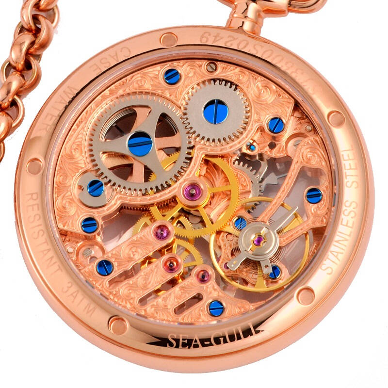 海鸥(seagull)手表 经典复古系列怀表玫瑰金镂空设计自动机械中性款