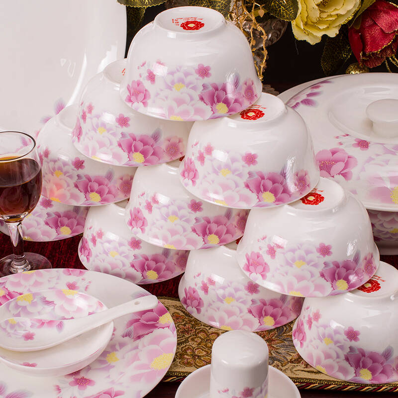 红牡丹 骨瓷餐具套装 米饭碗6个 花语