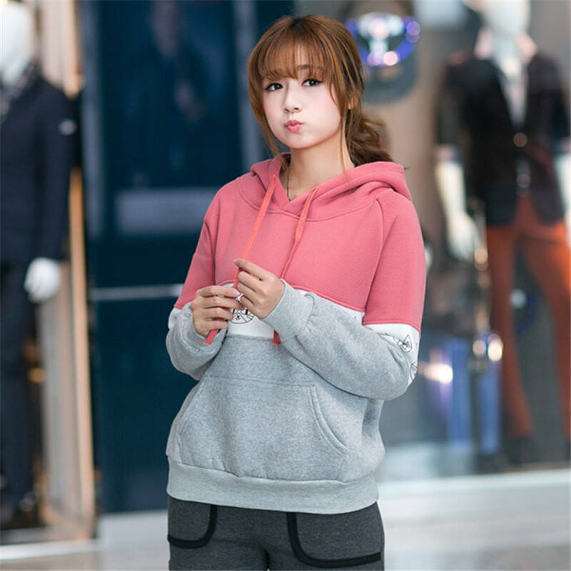 2014秋冬新款 韩版时尚 拼接印花加厚加绒带帽套头卫衣 皮粉色 xl