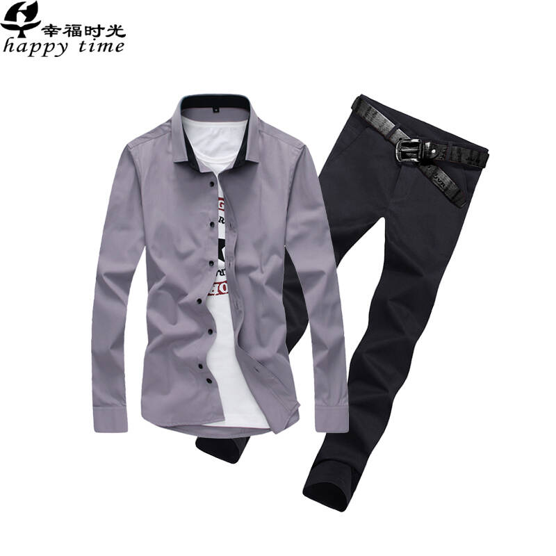 长袖衬衫男商务方领修身免烫春季衬衫男套装搭配百搭休闲裤 灰色 黑裤