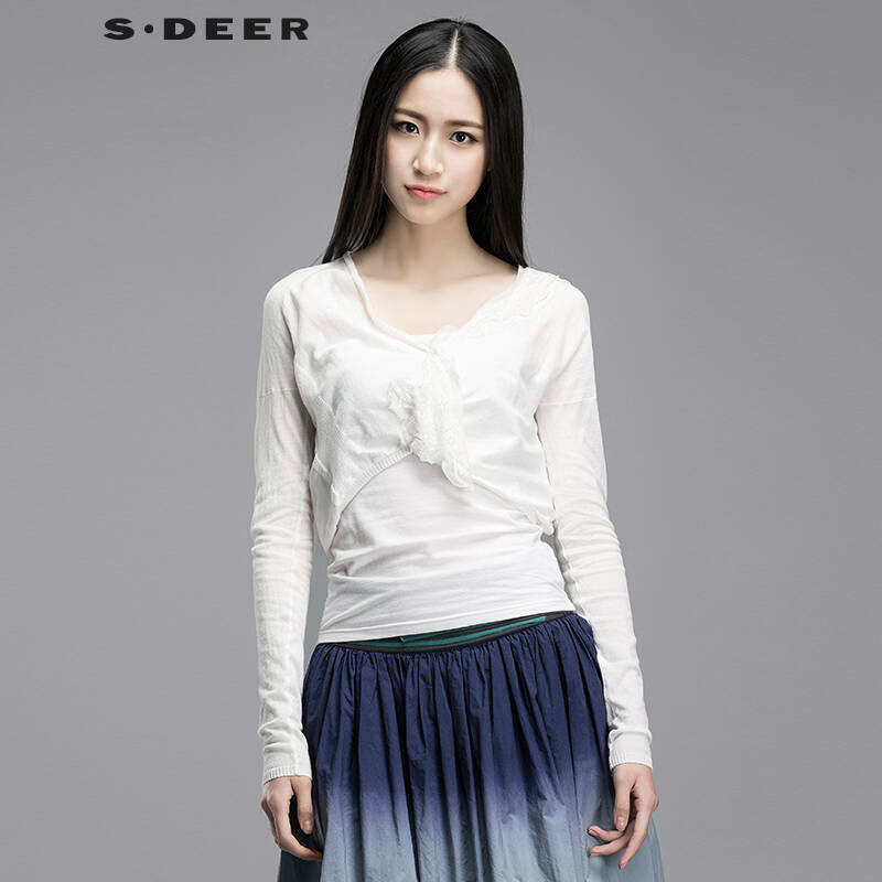 圣迪奥 sdeer 2015秋装女装纯色短款优雅蕾丝针织s14183563 漂白/90 s