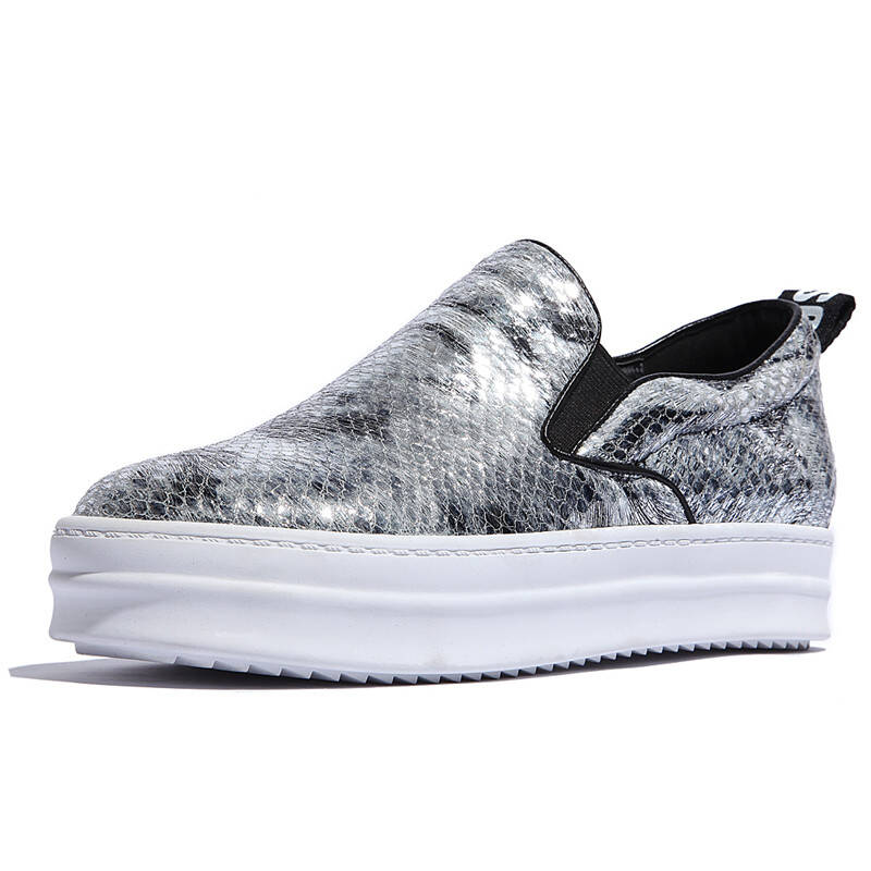 onceforever 时尚乐福鞋女休闲鞋新款蛇纹羊皮圆头深口厚底平底内增高