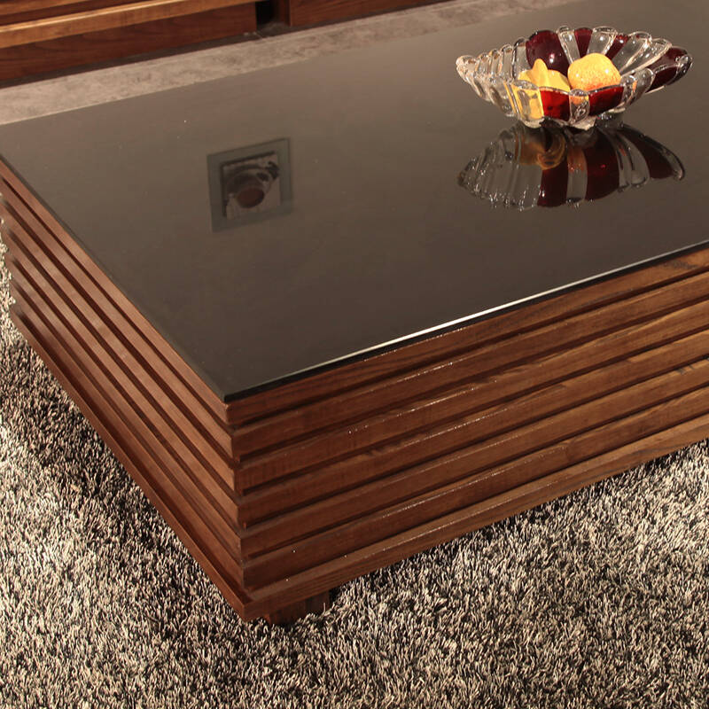 熙和实木钢化玻璃茶几简约现代客厅家具火烧石大理石茶桌 胡桃色(玻璃