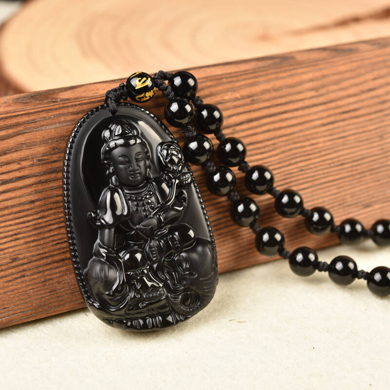 灵菲 磨砂黑曜石普贤菩萨吊坠生肖属龙蛇本命佛守护神男女 带珠链大号