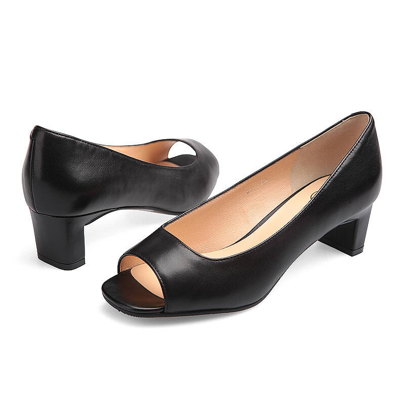 舒适中跟素面羊皮女鞋休闲职场白领鱼嘴单鞋1450341 黑色羊皮610102