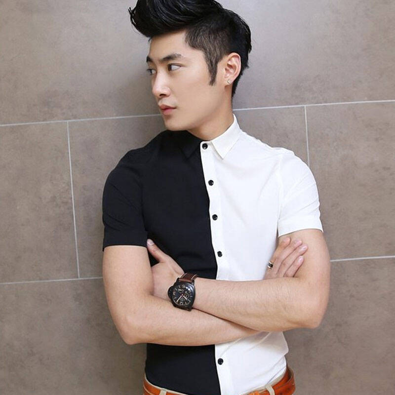新款男士时尚百搭韩版短袖衬衫 修身黑白拼色短袖衬衣 202-cs33 左黑