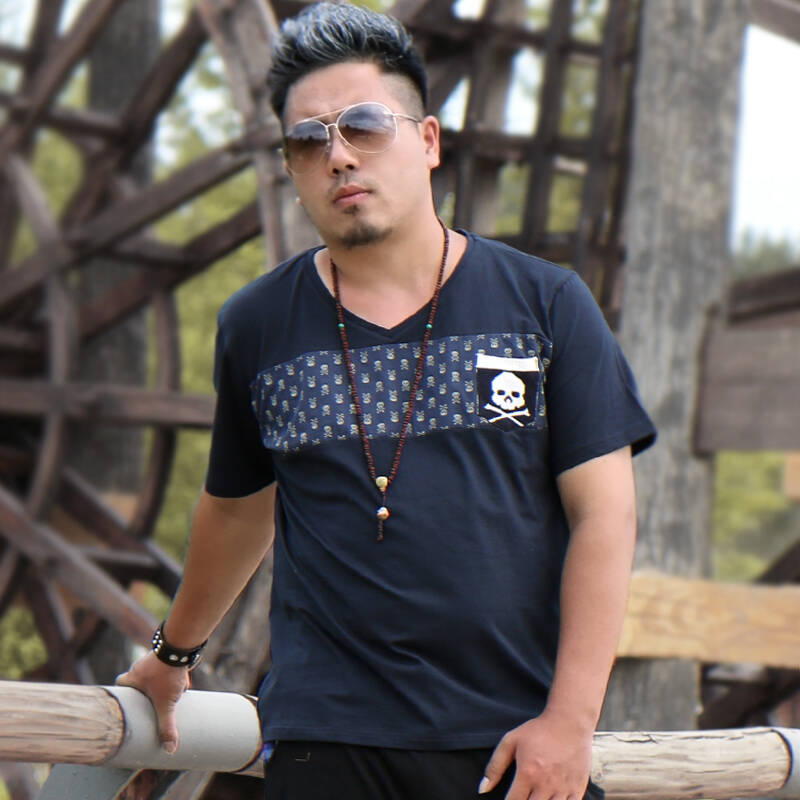 雷萨顿威潮牌大码男装 男士加肥加大号v领短袖t恤