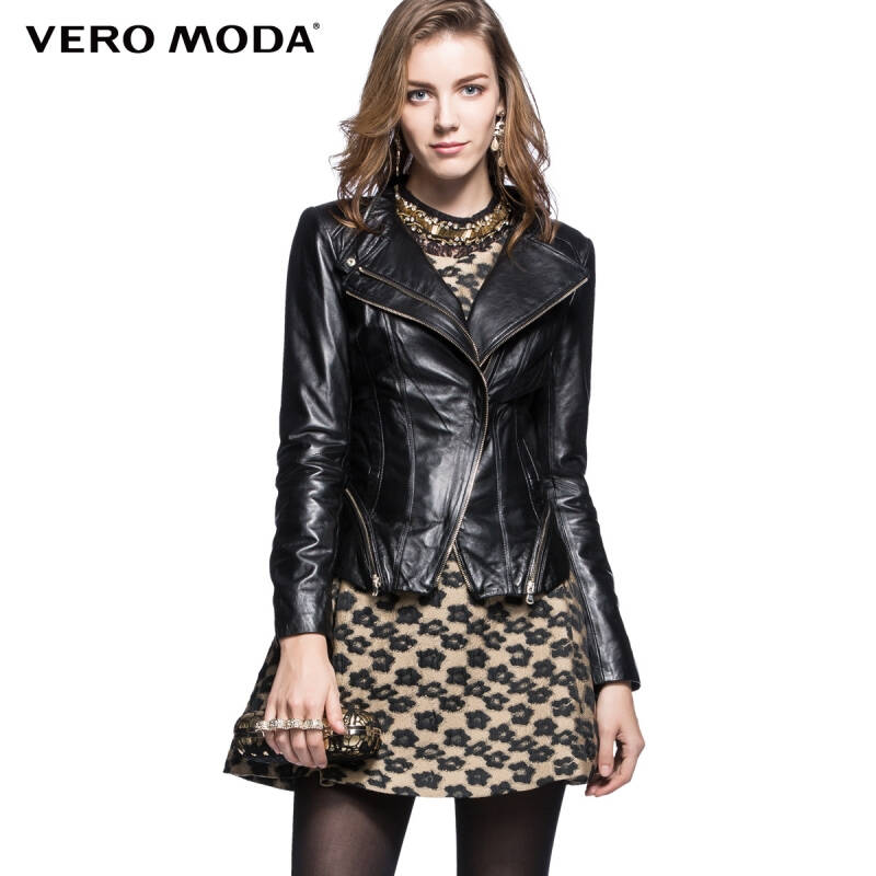 vero moda绵羊皮两穿领不规则下摆女修身机车皮衣|314310003 010黑