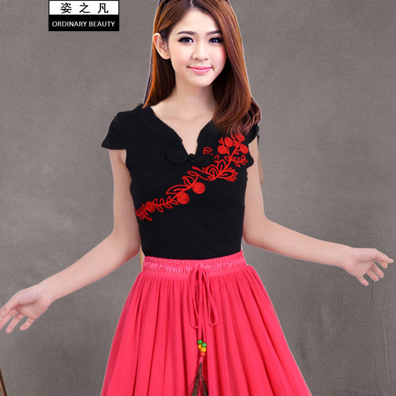 姿之凡 2014春夏新款女装 立领盘扣短袖针织t恤 山风悠 白色 xxl