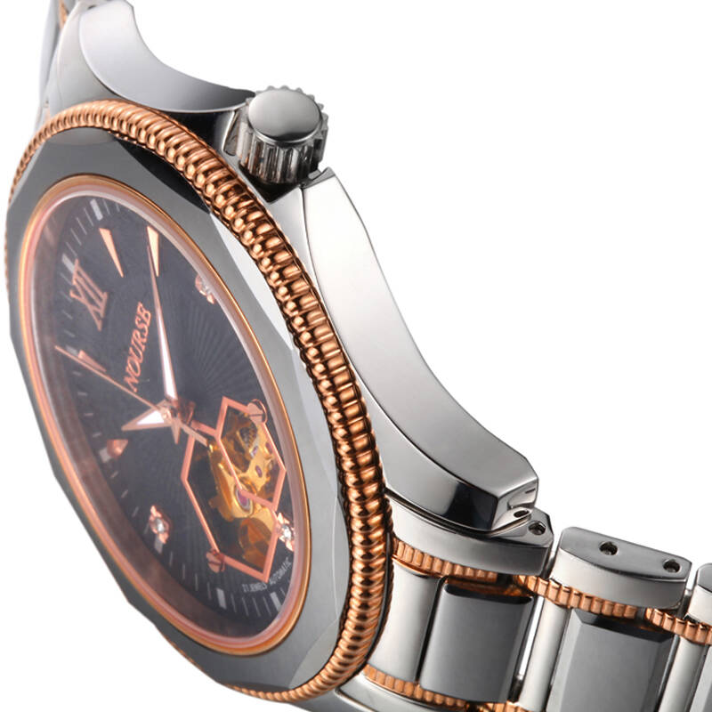 圣诺威(nourse)全自动机械表飞轮男表钢带精钢镂空男士商务手表 金壳