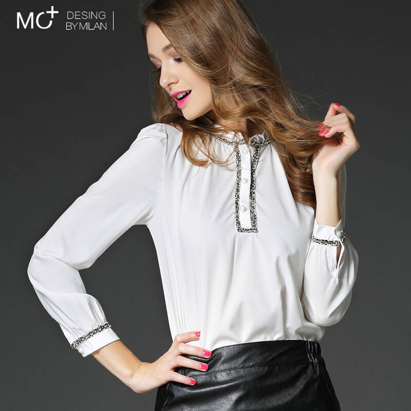 百搭衬衣修身显瘦不规则职业雪纺白衬衫女长袖秋上衣 15994花边领白