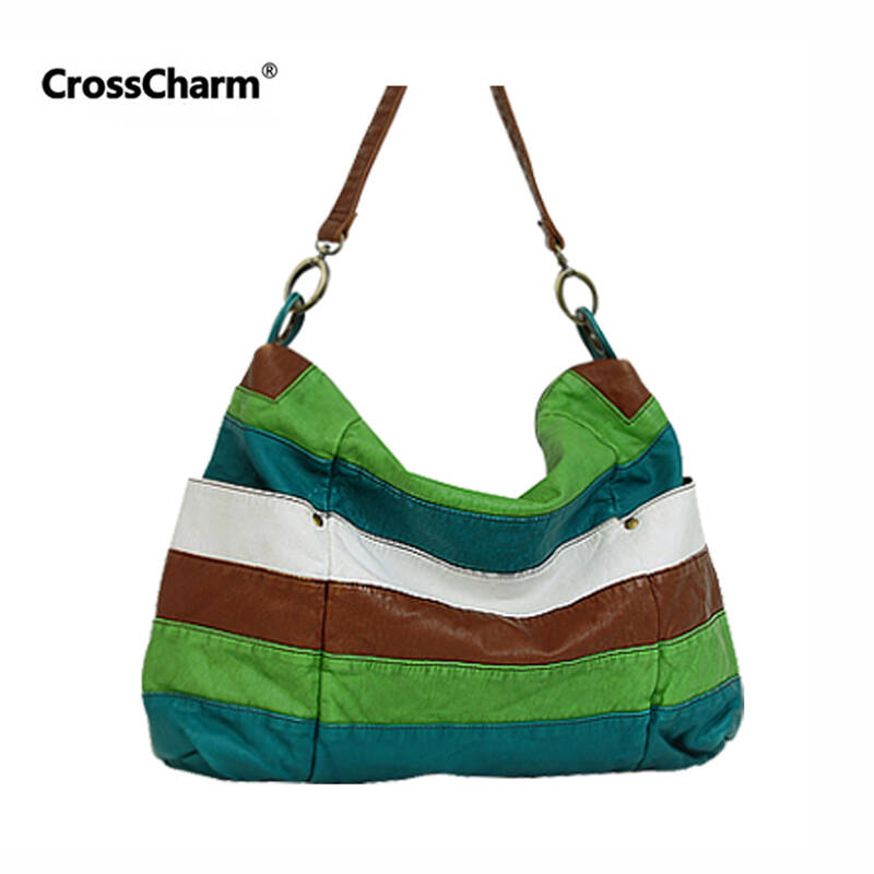 crosscharm女包 休闲条纹单肩包 女 日韩简单斜挎包 女 蓝绿色