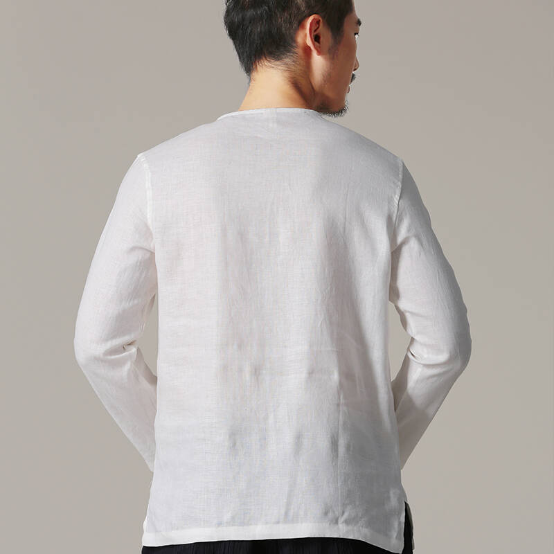 v领修身潮秋季新款宽松亚麻上衣服青年休闲大码男装设计师品牌 米白色