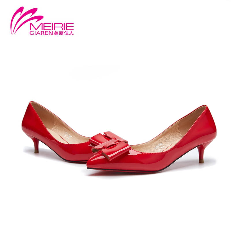 奥康美丽佳人 春季新款蝴蝶结尖头时尚漆皮女鞋中跟细跟浅口单鞋女