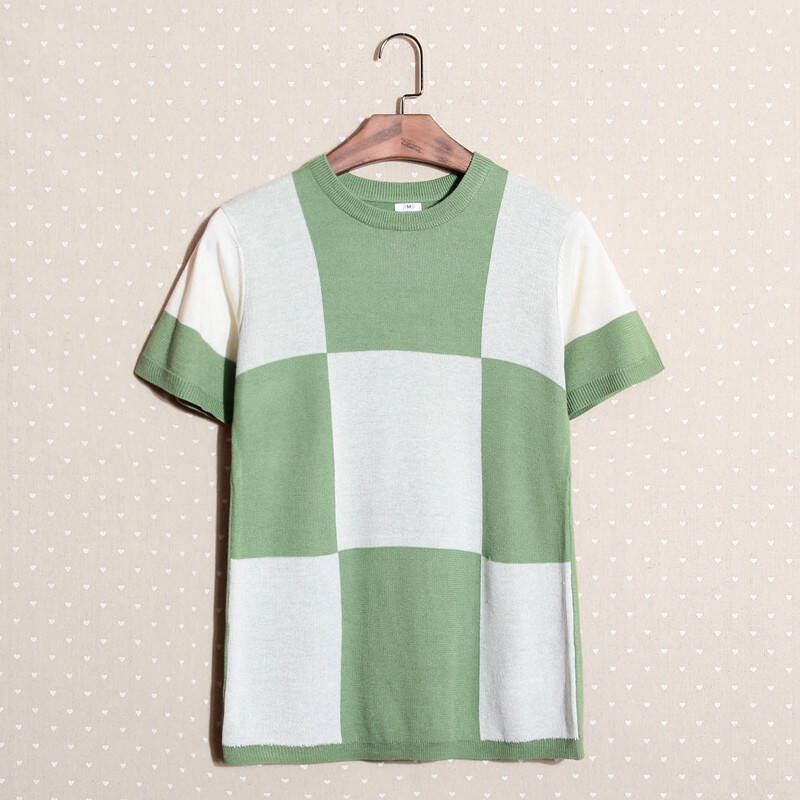 漫路 夏季新款t桖韩版修身英伦格子薄款针织男士t恤短袖 男 天蓝色 l