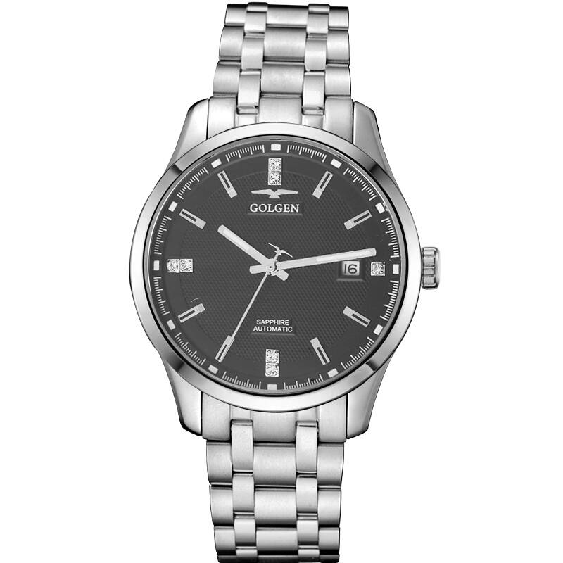 古尊(golgen)手表全自动机械表精钢表带日历显示防水男士表 全钢黑盘