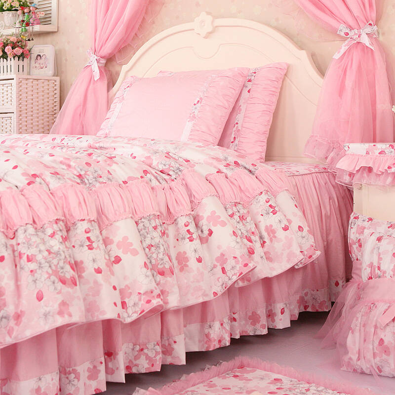 水晶之恋 韩式公主床上用品四件套田园风碎花床裙纯棉被套粉色儿童