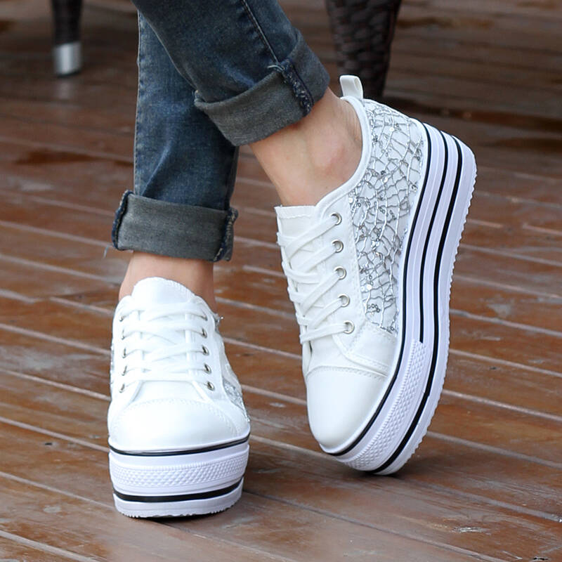 卡莉夏季女韩版休闲鞋低帮鞋女式松糕厚底增高帆布鞋n字鞋 8872 白色