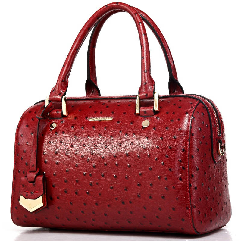 万里马wanlima女士波士顿枕头包鸵鸟纹手提包牛皮单肩斜挎包