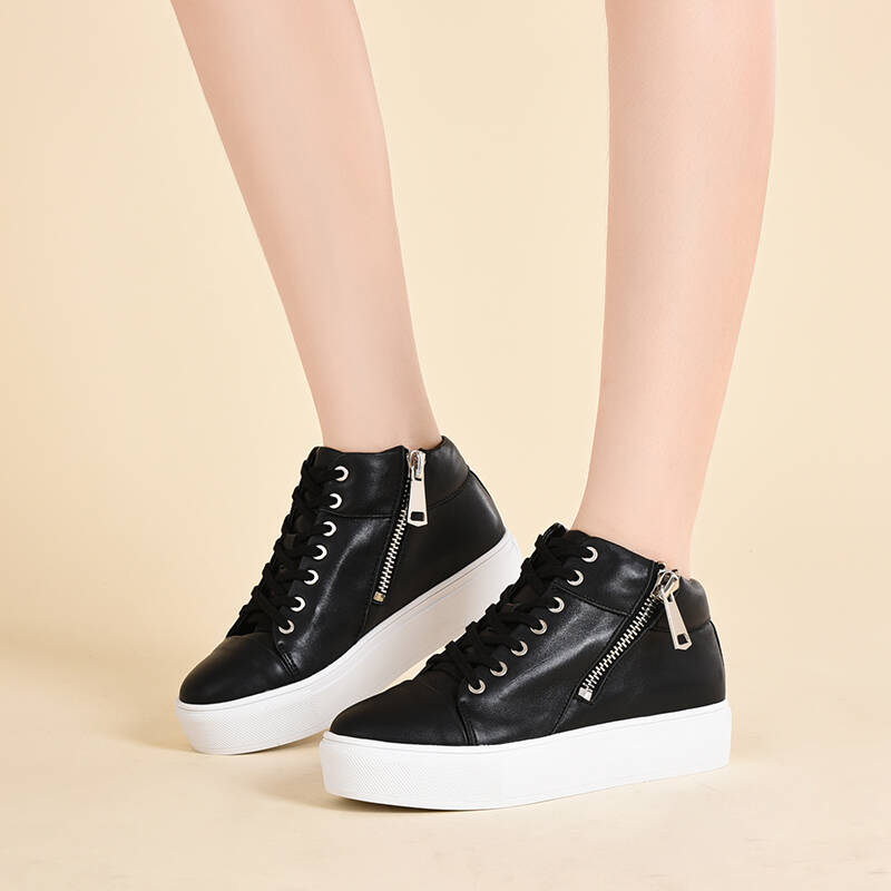 麦露迪2016秋季平底高帮真皮女鞋子韩版潮侧拉链休闲板鞋系带个性圆头