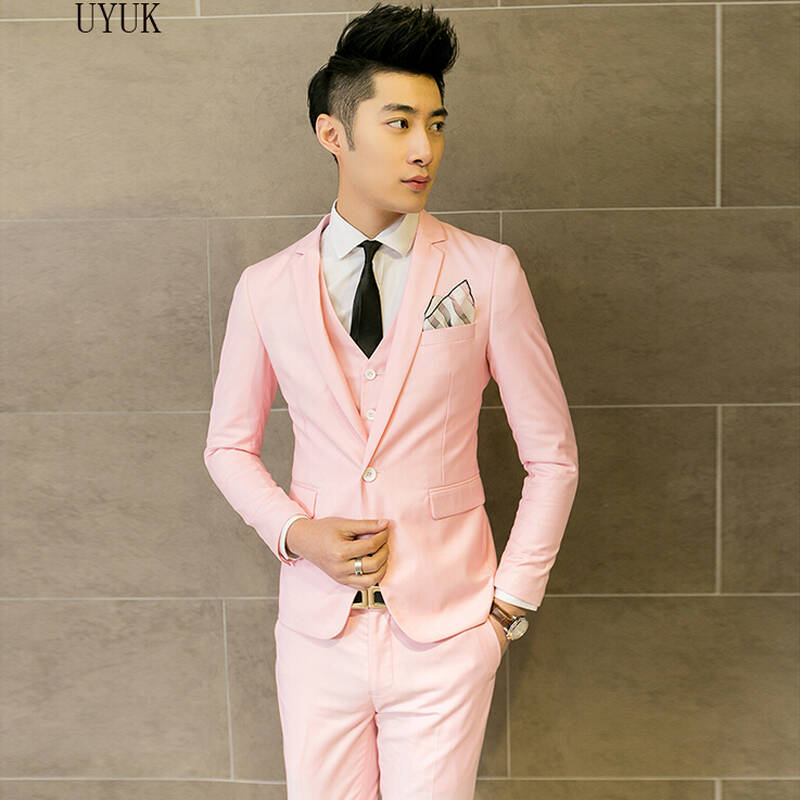 uyuk 韩版时尚百搭修身男士西装新郎伴郎三件套套装a147 a23 粉红色