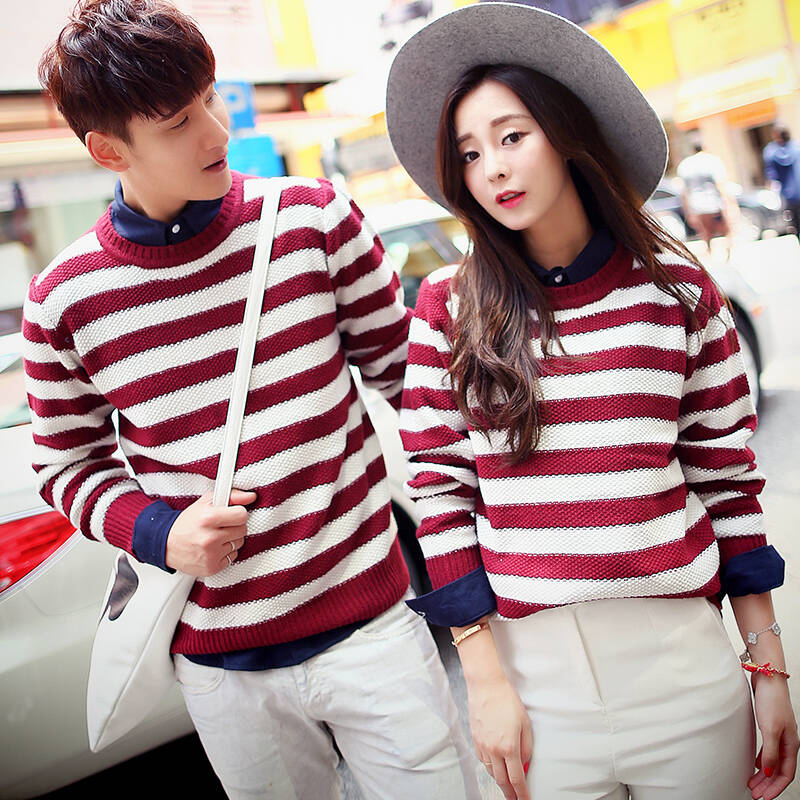 女装2015秋装新款 情侣装条纹撞色毛衣 情侣毛衣潮 套头针织衫男外套