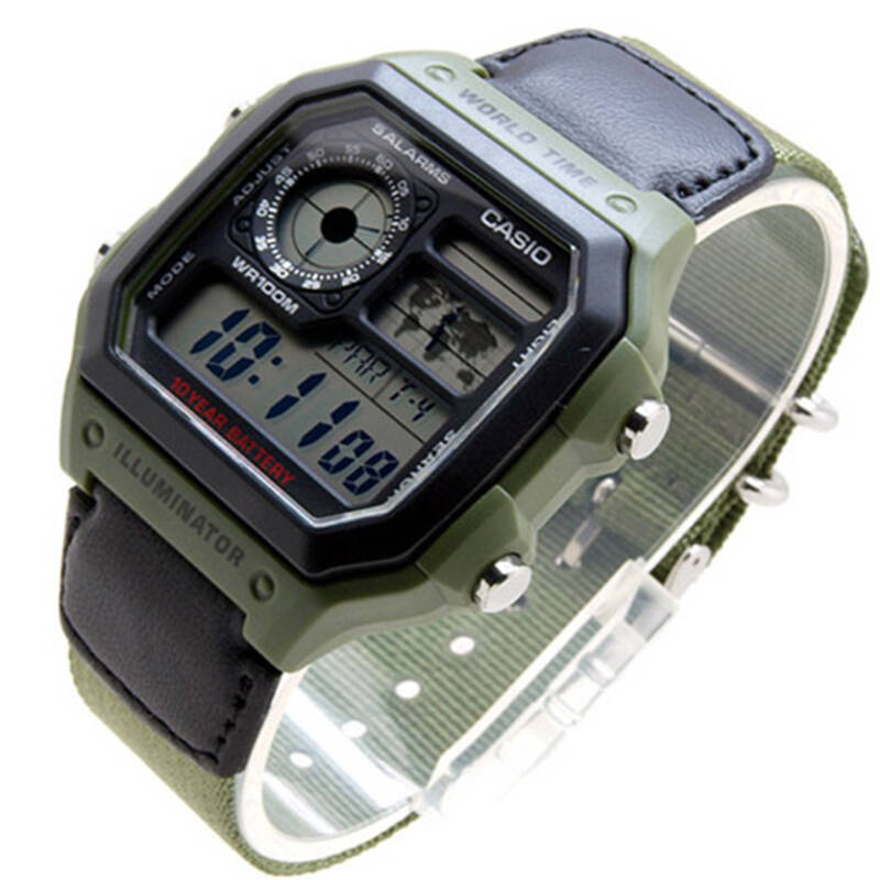 卡西欧(casio)电子表 男士多功能防水学生运动手表 黑盘布带ae-1200wh