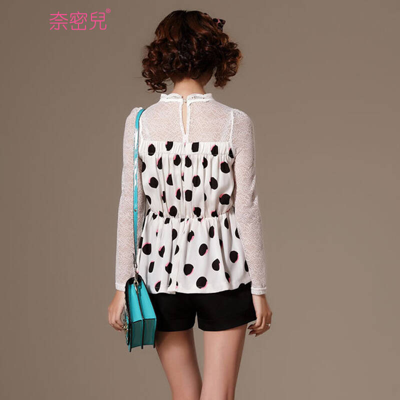 奈密儿 2014秋装女装韩版时尚波点拼接长袖修身显瘦女士上衣13719 白