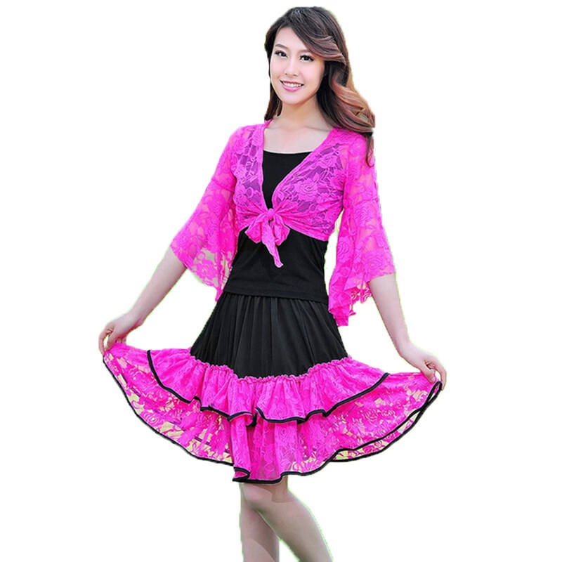 夏秋季广场舞服装套装新款演出服装交谊舞蕾丝披肩吊带蕾丝裙 玫红色